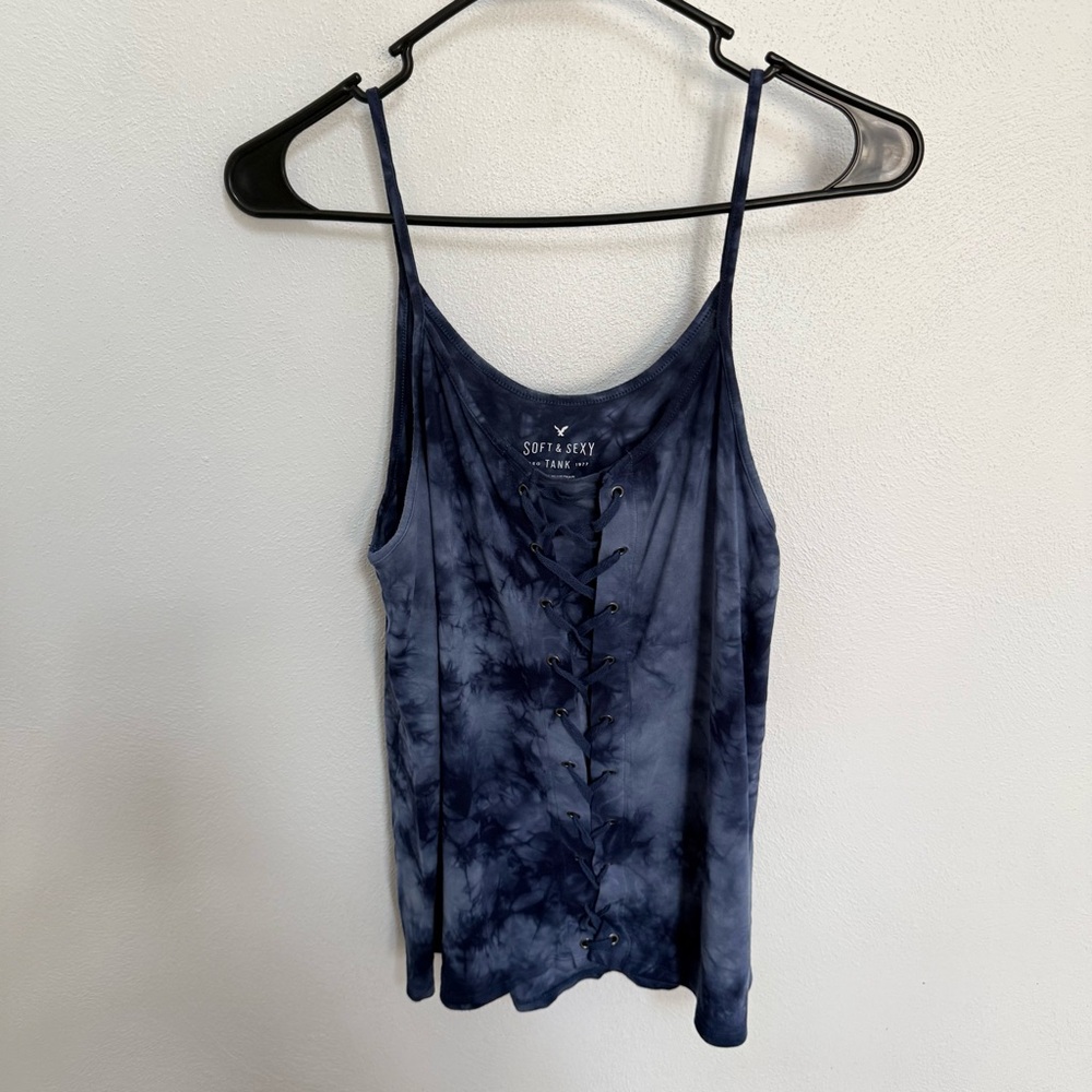 American Eagle Outfitters Soft & Sexy Navy Tie-Dye Lace Up Camisole - Picture 2 of 8